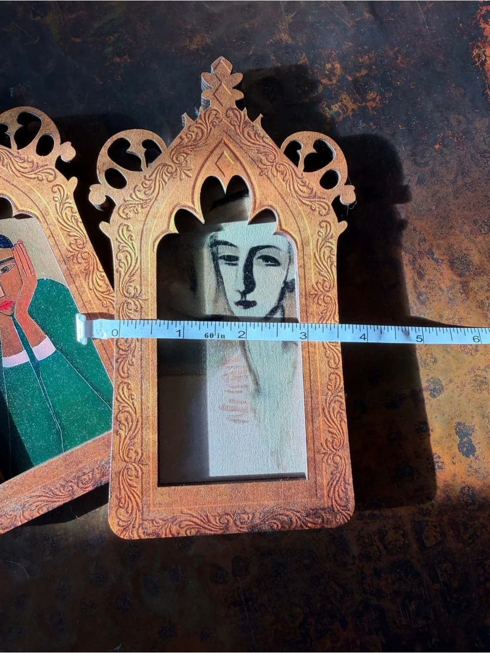 Set of 2 Folk Art Portraits Ornate Gothic Wood Frames Boho Eclectic Wall Decor